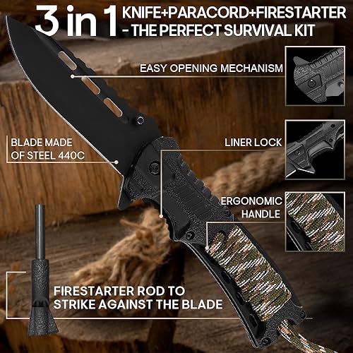 Pocket Knife for Men - Spring Assisted Knife with Fire Starter Whistle Paracord Handle - Tactical Folding Blade - Best for Survival Hiking Hunting Camping - Birthday Gifts Idea for Dad Husband 6772