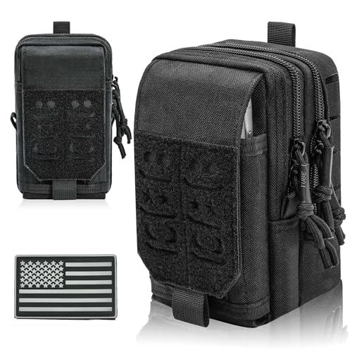 Molle Dual Phone Pouch, Tactical Admin Pouch Small, Heavy Duty Belt 1000D Nylon Small Cell Phone Case Holder, Fits 4.0-6.7 inch Screens, Black (Black)