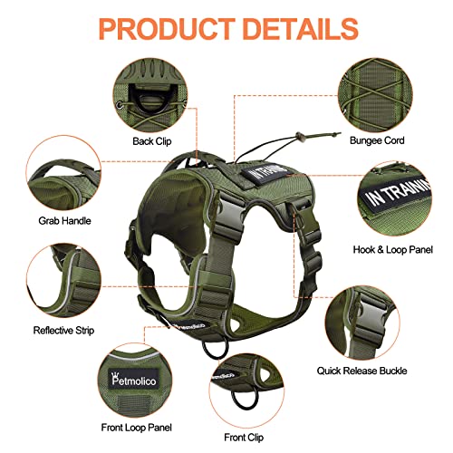 Petmolico Tactical Dog Harness with Leash, No Pull Dog Harness with Hook and Loop Panels for Hiking Training Military Service Dog Harness with Patches for Medium Dogs, Army Green M