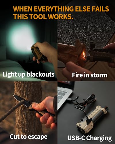 sayram Pocket Knife Flashlight Kydex Combo, Rechargeable Flashlight with Knife, EDC Flashlight Survival Knife Multitool with Pulse Ignition for Outdoor Survival (Black)