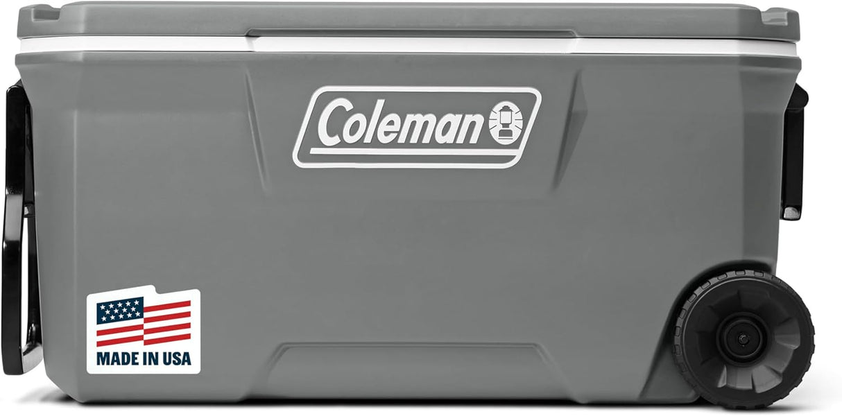 Coleman Classic Series Insulated Portable Rolling Cooler with Wheels, Leak-Resistant Outdoor Hard Cooler Keeps Ice up to 5 Days, 100-Quart