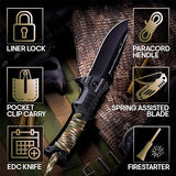 Pocket Knife for Men - Spring Assisted Knife with Fire Starter Whistle Paracord Handle - Tactical Folding Blade - Best for Survival Hiking Hunting Camping - Birthday Gifts Idea for Dad Husband 6772